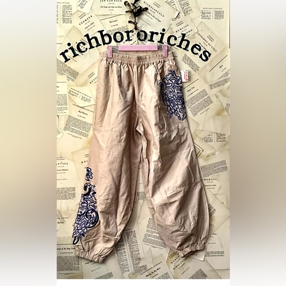 Free People Movement Baller Embroidery Pant Cotton Sheeting Tan Sand Blue - Picture 5 of 7